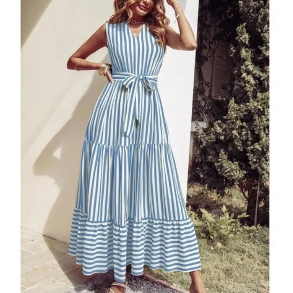 Boho Green White Striped Sleeveless Belted Maxi Dress - Picture 10 of 11